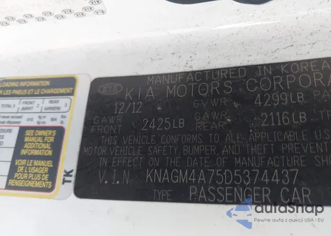 2013 Kia Optima Lx z USA, uszkodzony, nr VIN KNAGM4A75D5374437